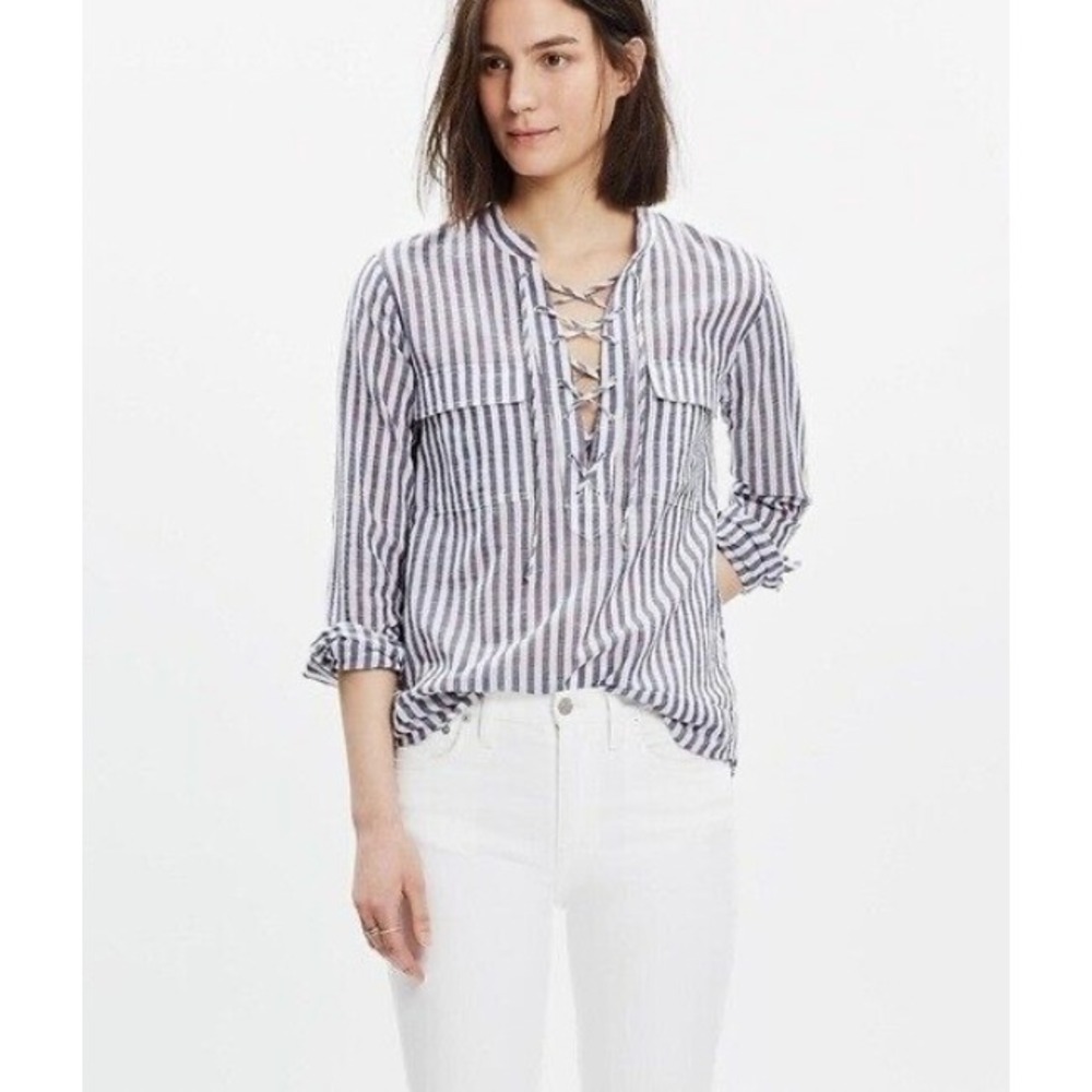 Madewell Lace Up Shirt Womens Small Blue Striped Long Sleeve Pullover